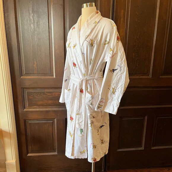 Pottery Barn Santas Reindeer Flannel Robe Ivory Holiday Warm Unisex Size S/M - Picture 3 of 12